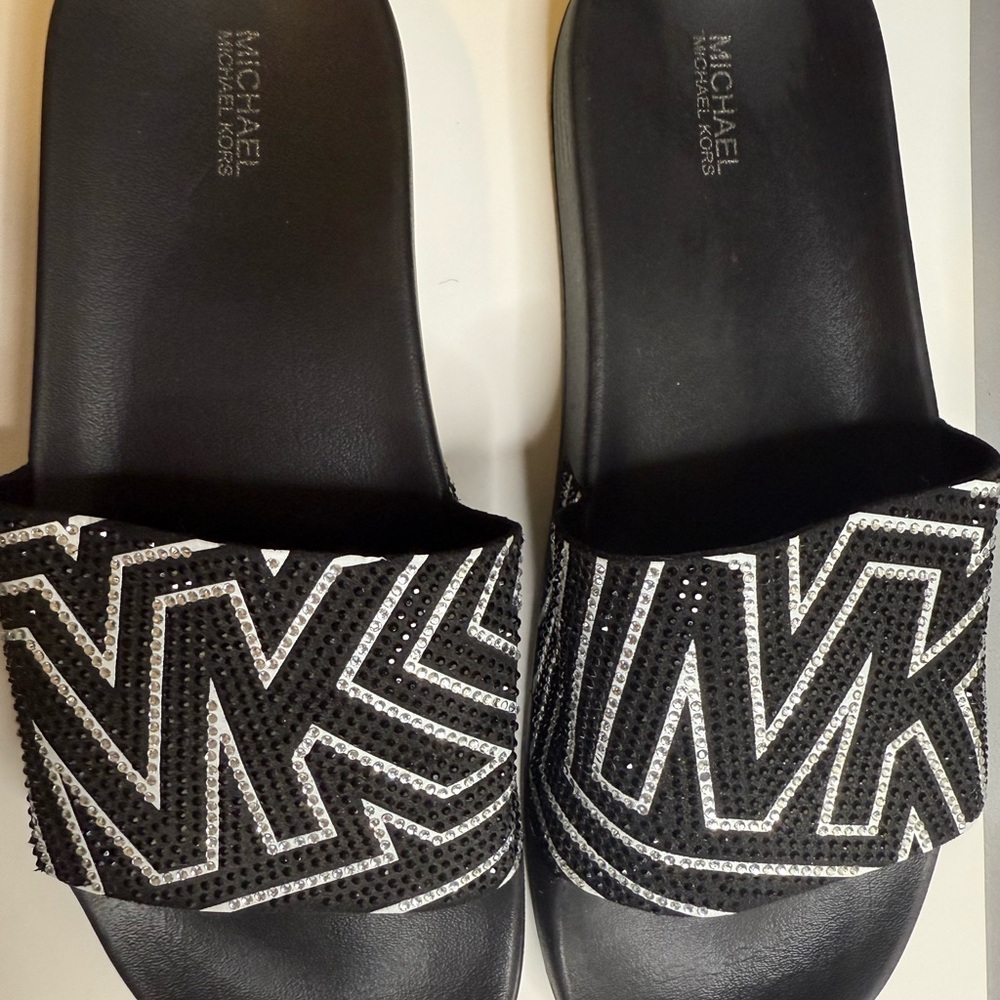 Michael Kors Black Slide Sandals with Metallic Logo